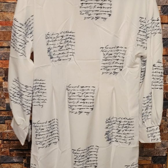 Cursive Newspaper Pattern Design Mini Long Sleeve Casual Shirt Dress,  (S-2XL) - Picture 7 of 9